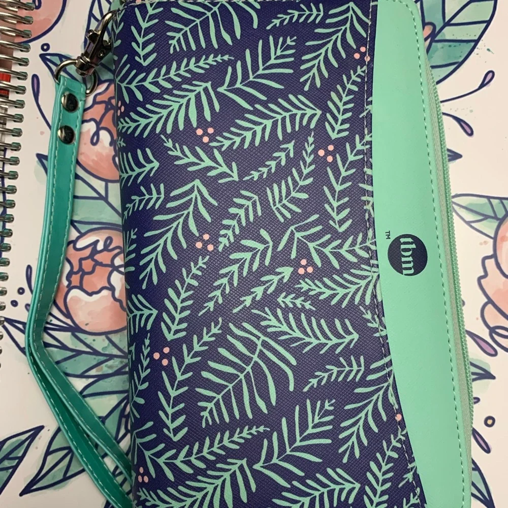 Teal and Navy Leaf-Print Wristlet Wallet
